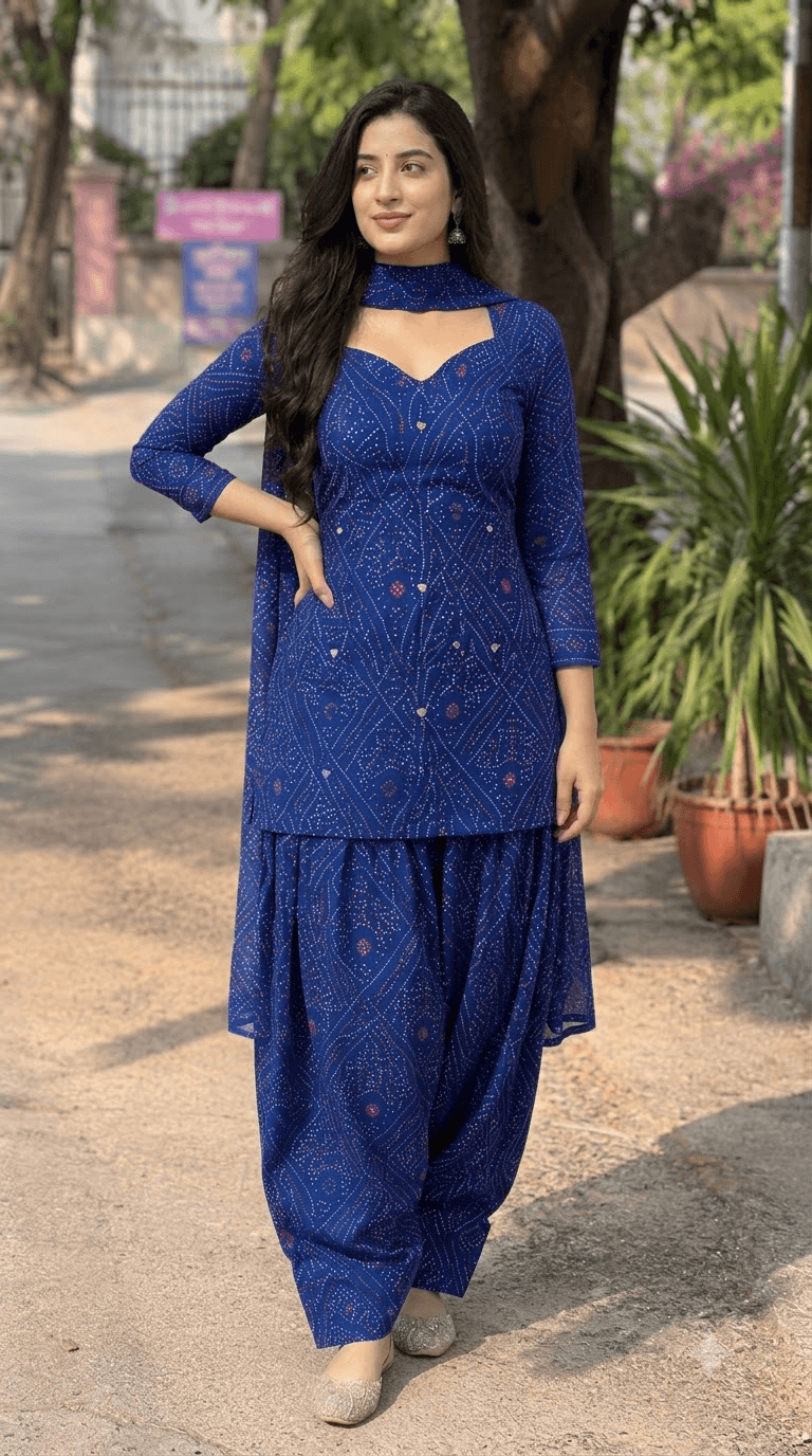 Women Royal Blue Bandhani Printed Cotton Patiyala Salwar Suit Set with Dupatta