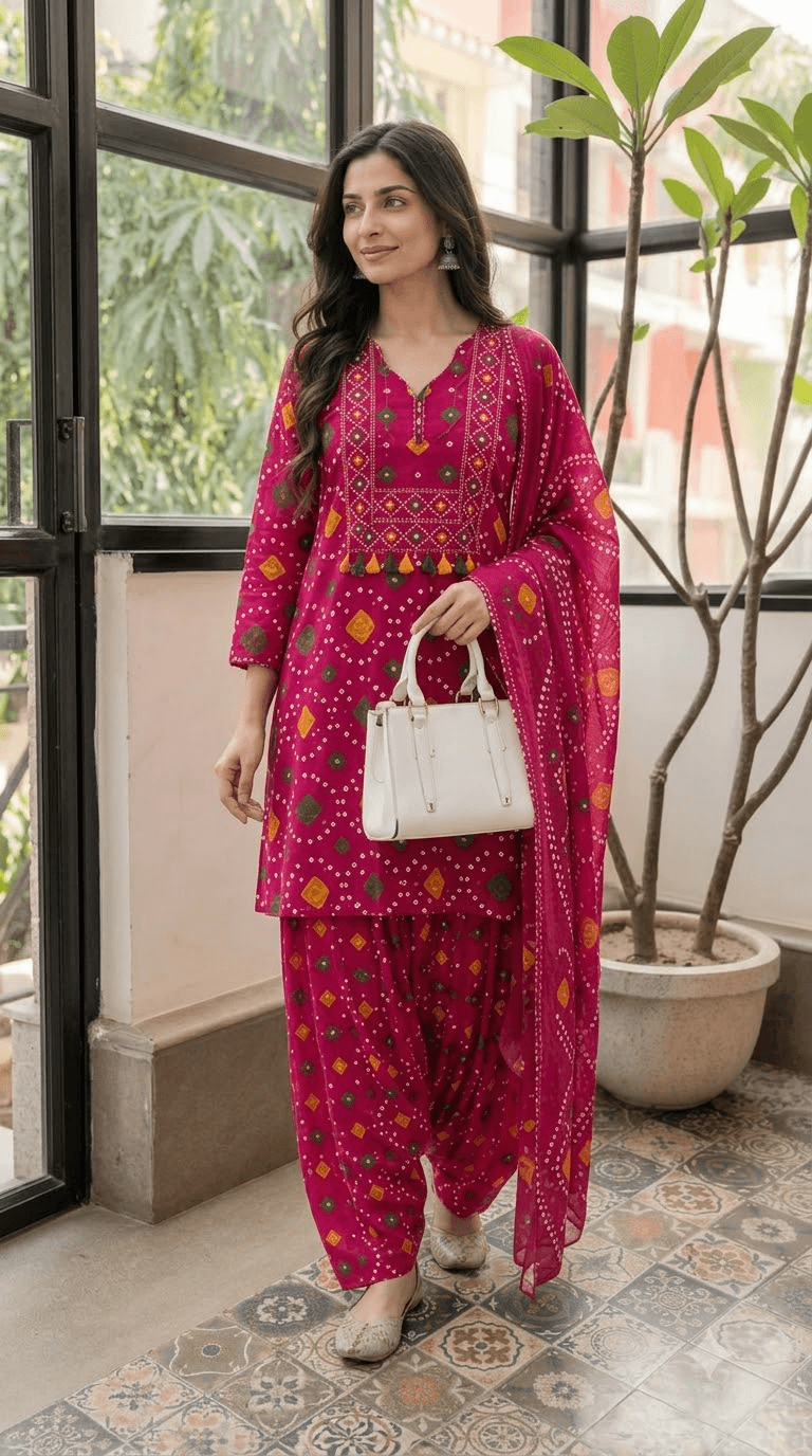 Women Magenta Bandhani Printed Cotton Patiala Suit Set with Dupatta