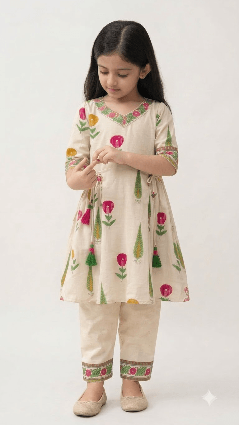Girls Off-White & Pink Hand Block Printed Cotton Angrakha Kurta with Pant Set