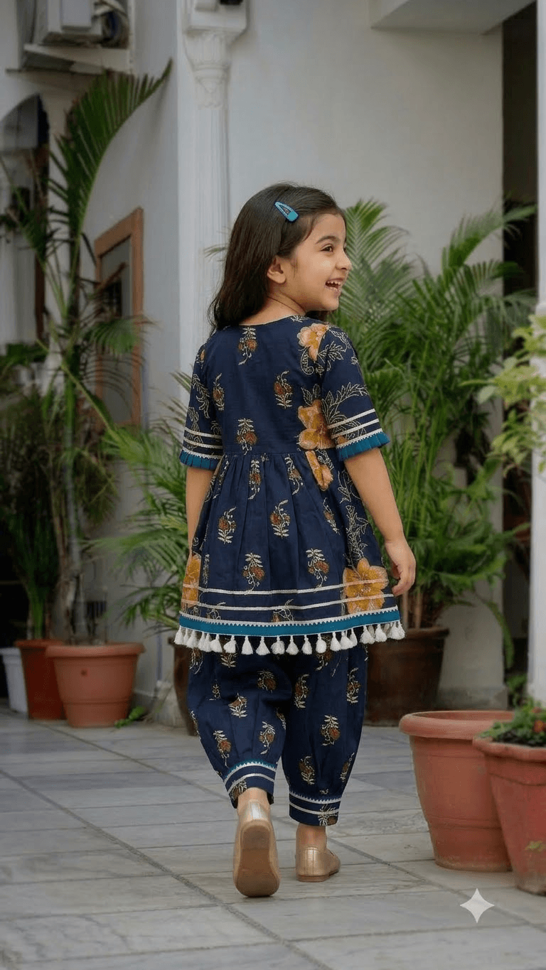 Girls Navy Blue Floral Printed Cotton Kurta with Dhoti Pant Set & Embroidered Yoke