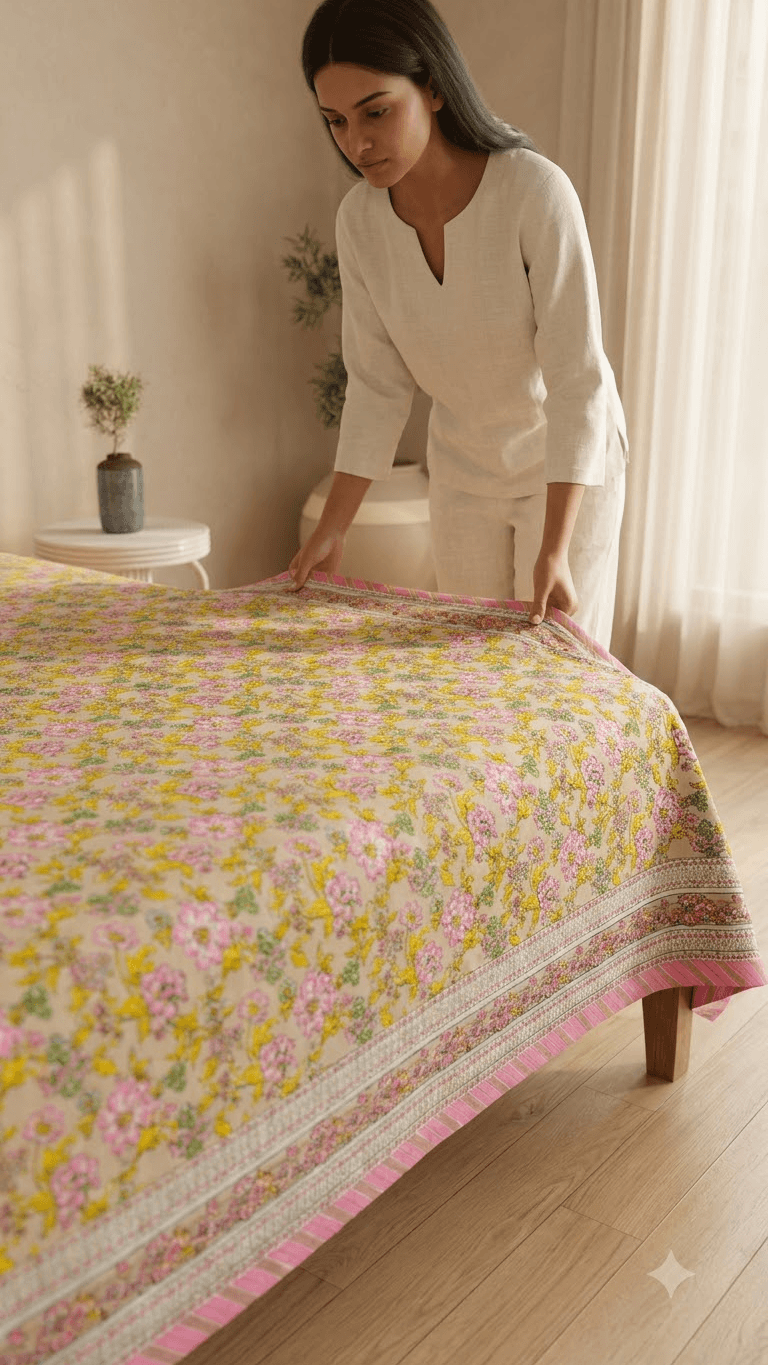 Pink and Yellow Floral Block-Print Style Cotton Double Bedsheet with Pillow Covers
