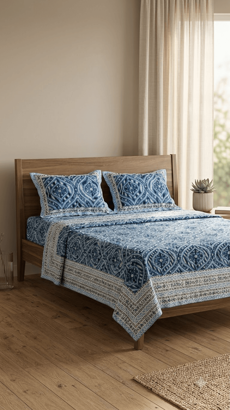 Blue and Indigo Block-Print Style Cotton Double Bedsheet with Pillow Covers