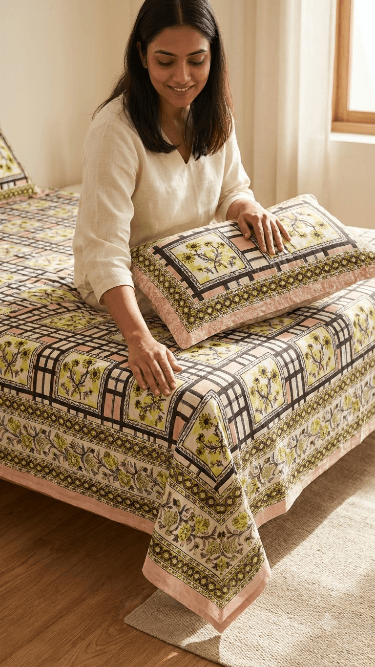 Olive Green and Pink Geometric Check Block-Print Style Cotton Double Bedsheet with Pillow Covers