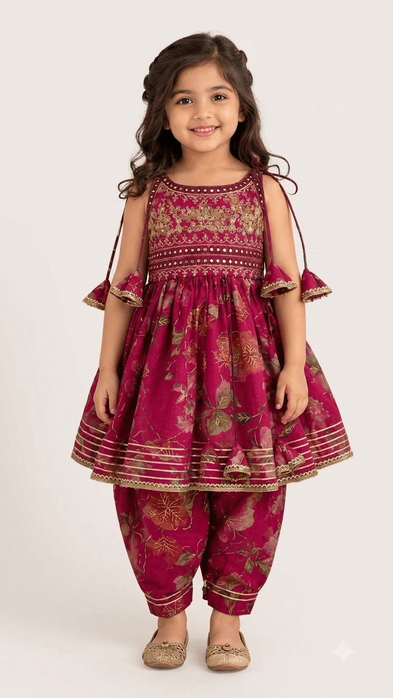 Girls Magenta Pink Floral Printed Peplum Kurta with Dhoti Pant Set