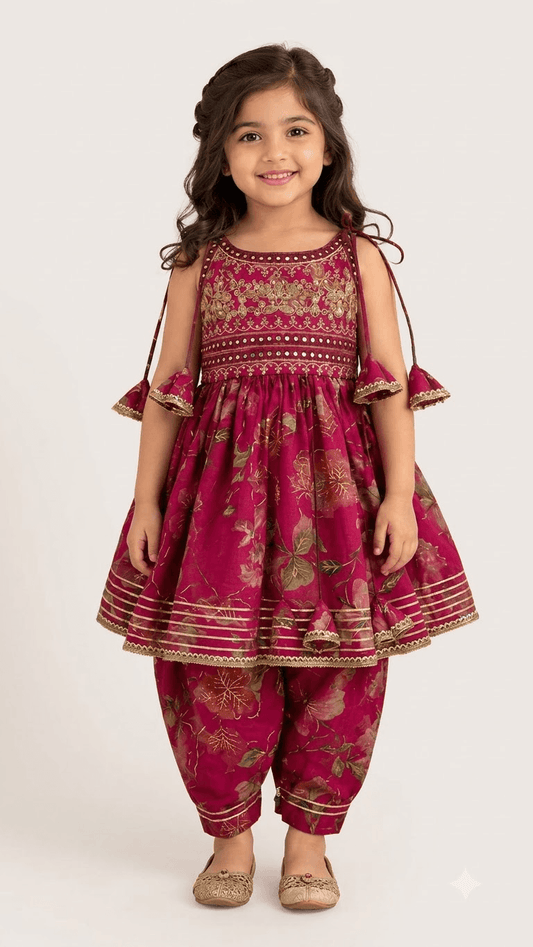 Girls Magenta Pink Floral Printed Peplum Kurta with Dhoti Pant Set