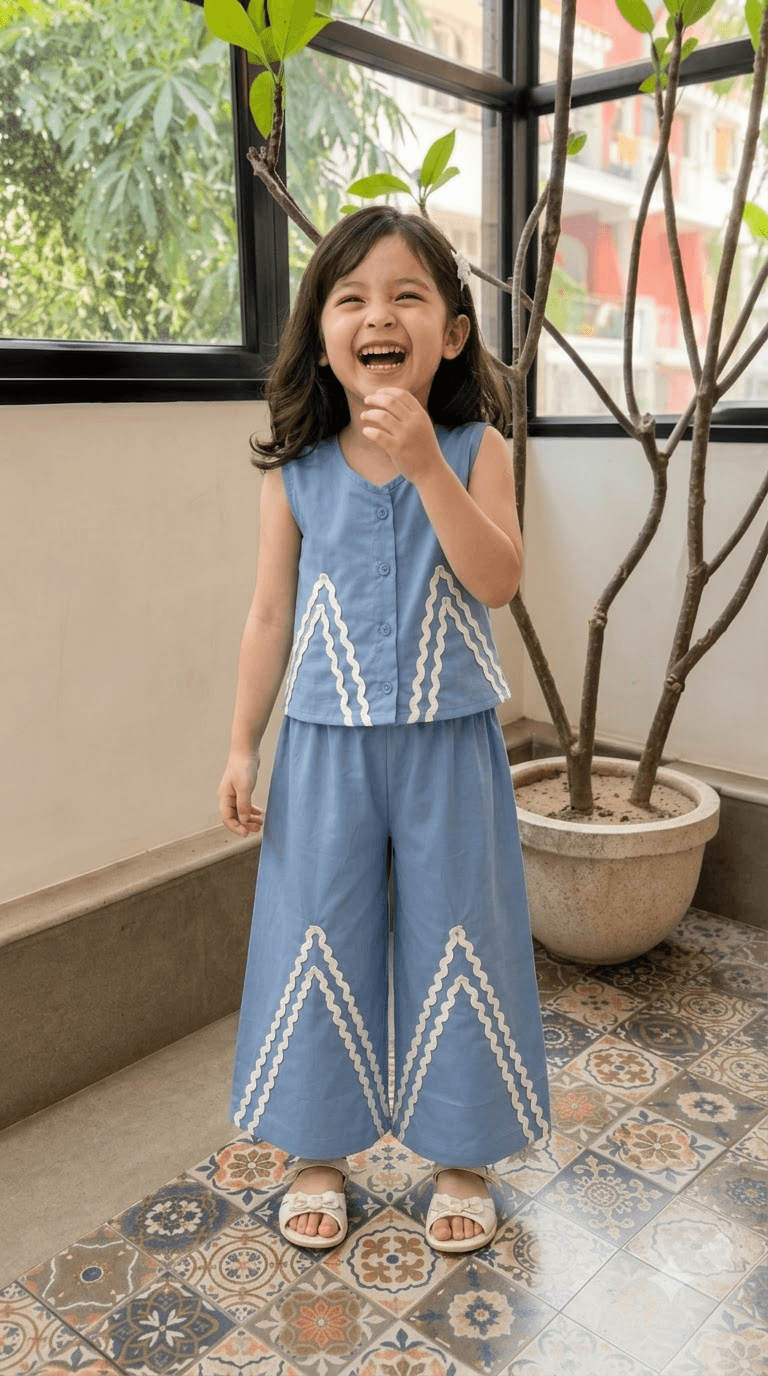 Girls Slate Blue Cotton Vest Top & Wide-Leg Pants Co-Ord Set with Lace Work