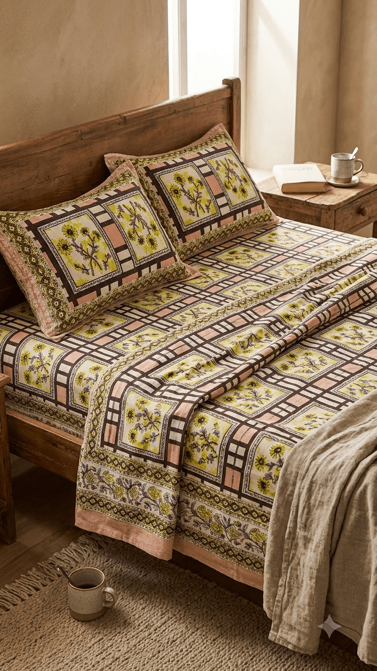 Olive Green and Pink Geometric Check Block-Print Style Cotton Double Bedsheet with Pillow Covers
