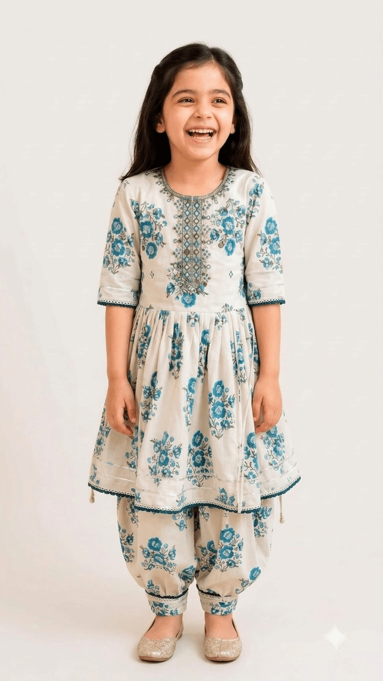 Girls Off-White & Turquoise Blue Floral Printed Cotton Kurta with Dhoti Pant Set