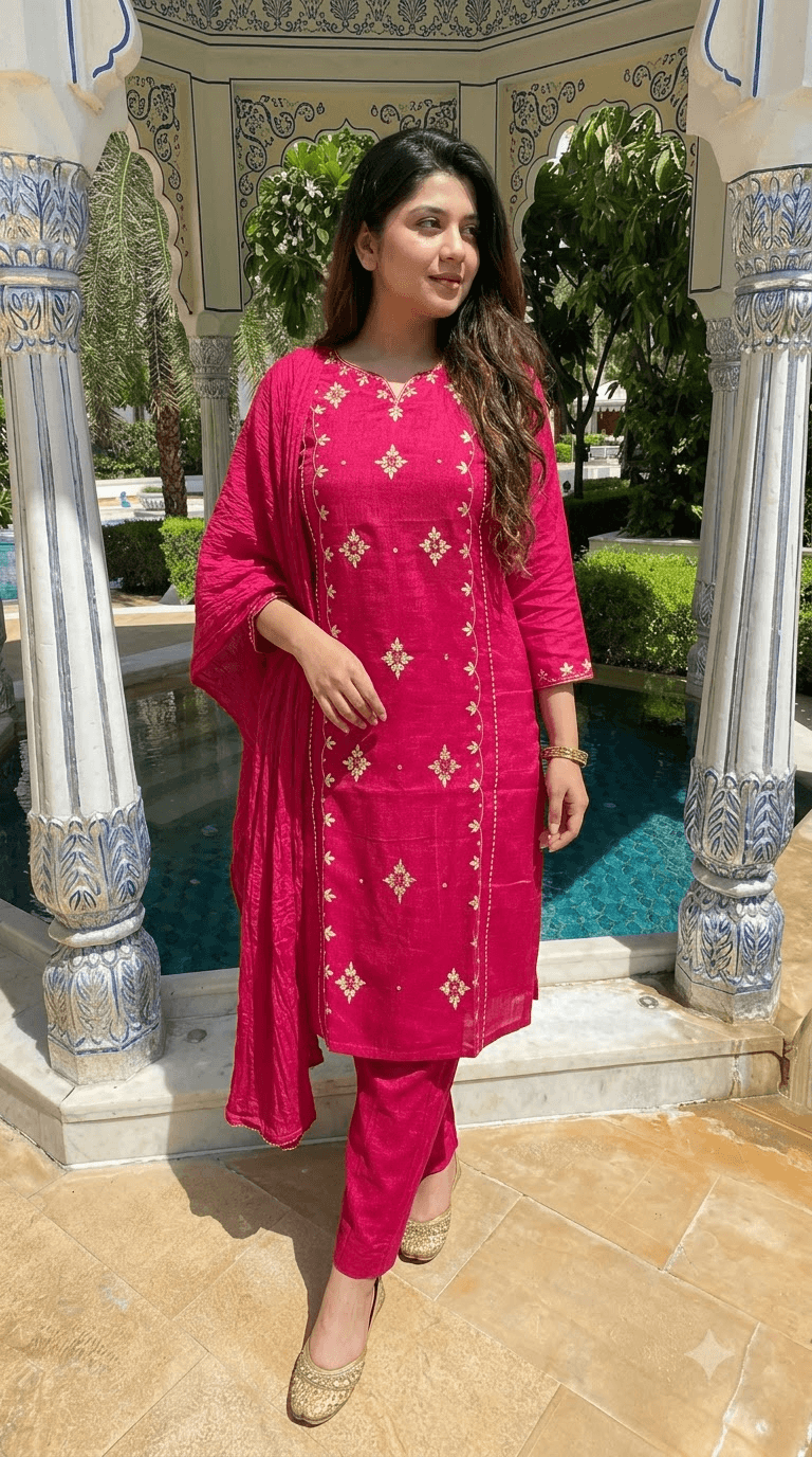 Maroon Embroidered Cotton Kurta with Sharara and Dupatta Set