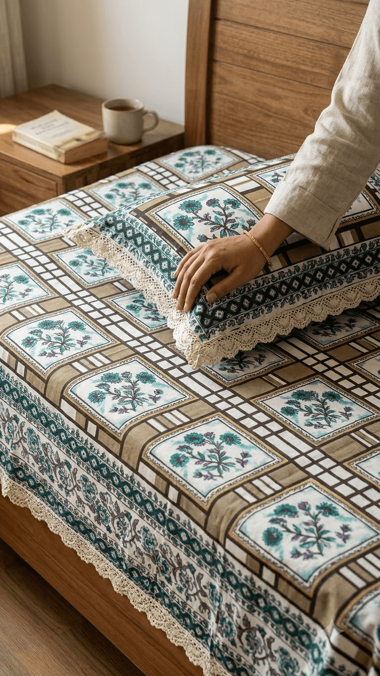 Teal and Beige Geometric Floral Block-Print Style Cotton Double Bedsheet with Lace Pillow Covers