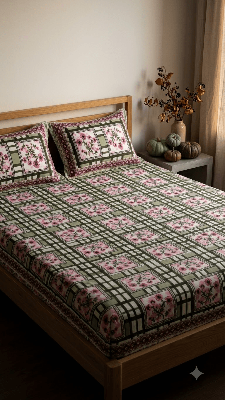 Olive Green and Pink Geometric Check Block-Print Style Cotton Double Bedsheet with Pillow Covers