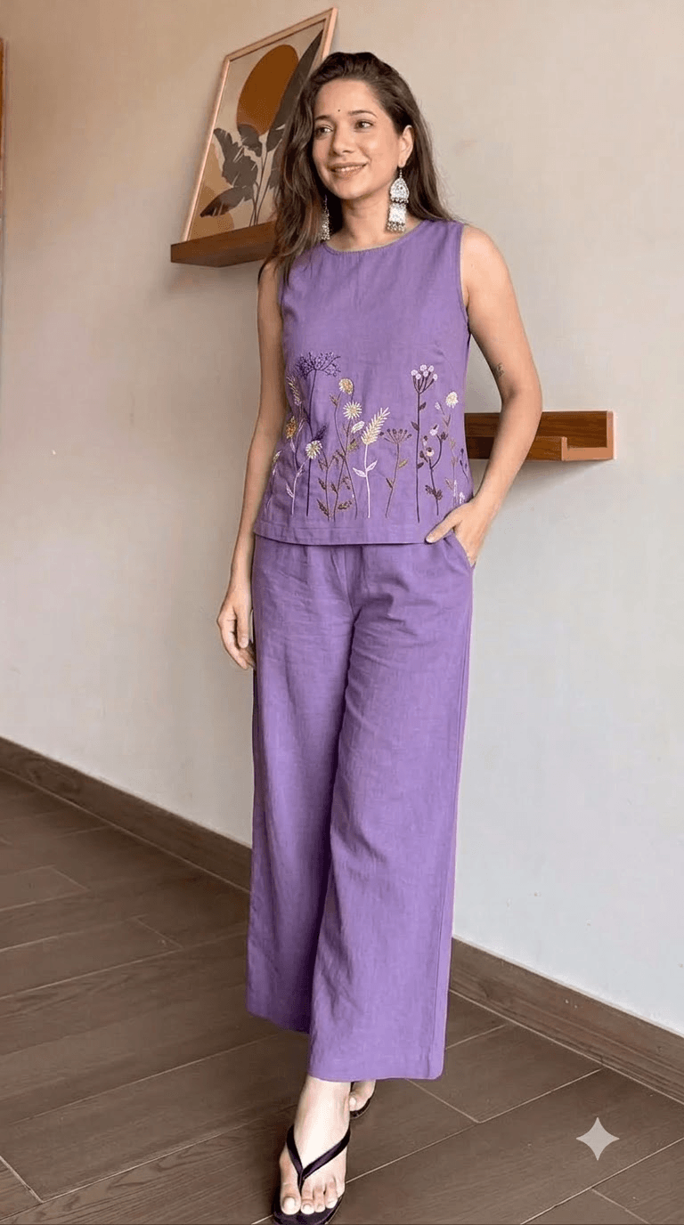 Lavender Embroidered Cotton Sleeveless Top with Wide-Leg Trouser Set