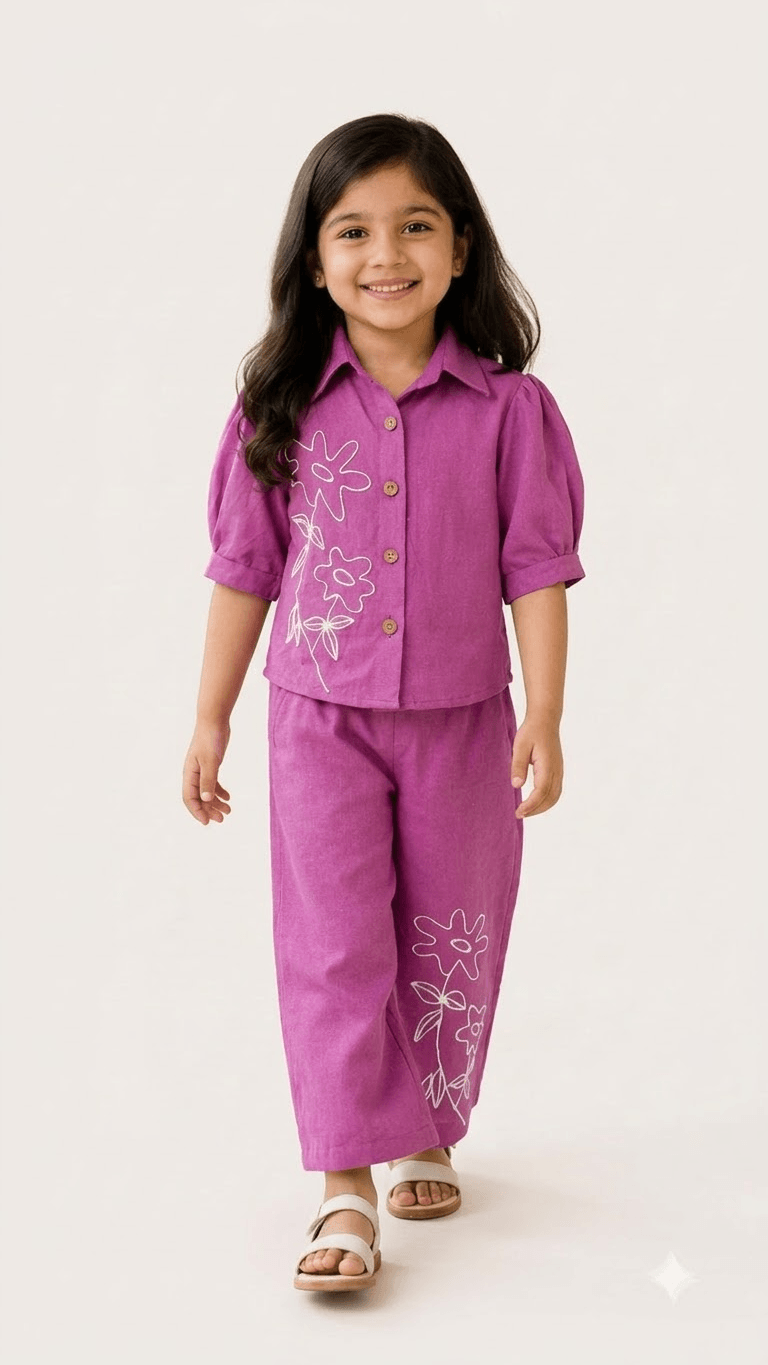 Girls Orchid Purple Linen Cotton Floral Embroidered Shirt with Wide-Leg Pants Co-Ord Set