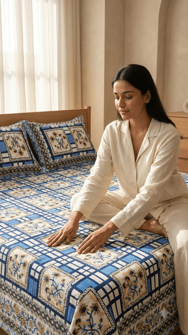 Royal Blue and Beige Geometric Floral Block-Print Style Cotton Double Bedsheet with Pillow Covers