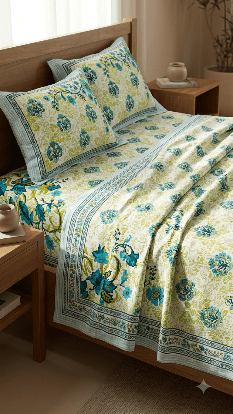 Light Green and Blue Floral Block-Print Style Cotton Double Bedsheet with Pillow Covers