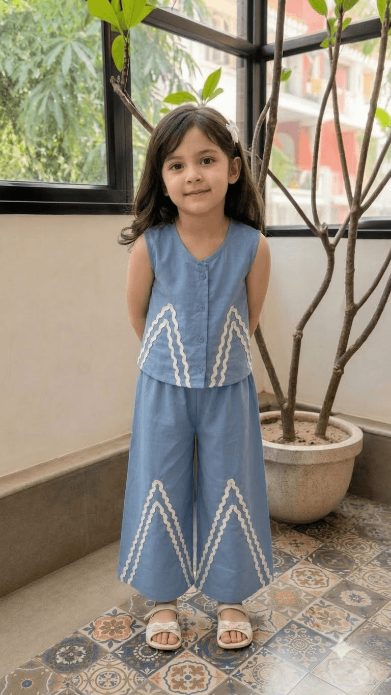 Girls Slate Blue Cotton Vest Top & Wide-Leg Pants Co-Ord Set with Lace Work