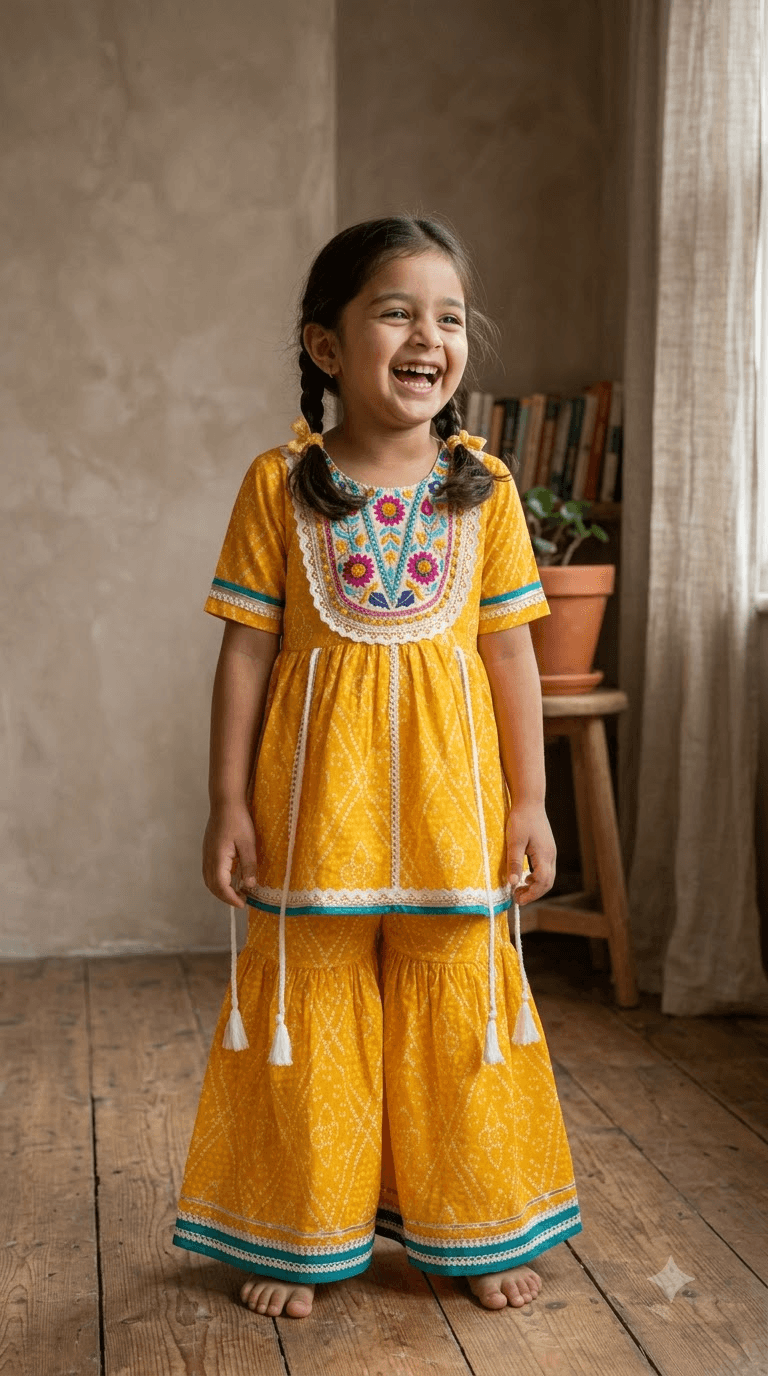 Girls Mustard Yellow Bandhani Printed Cotton Sharara Suit Set with Embroidered Yoke