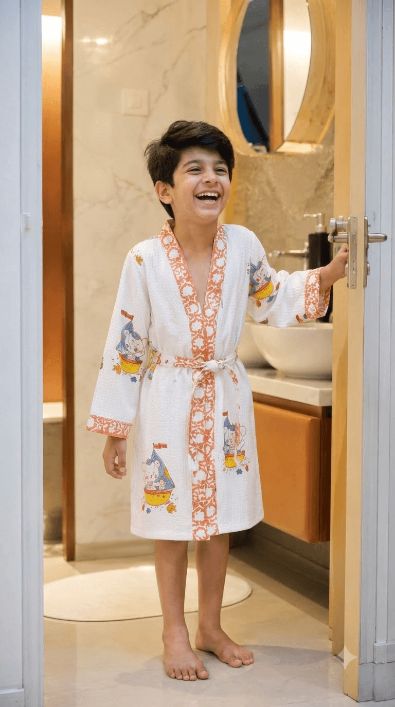 Kids Off-White & Terracotta Sailor Elephant Printed 100% Cotton Waffle Bathrobe