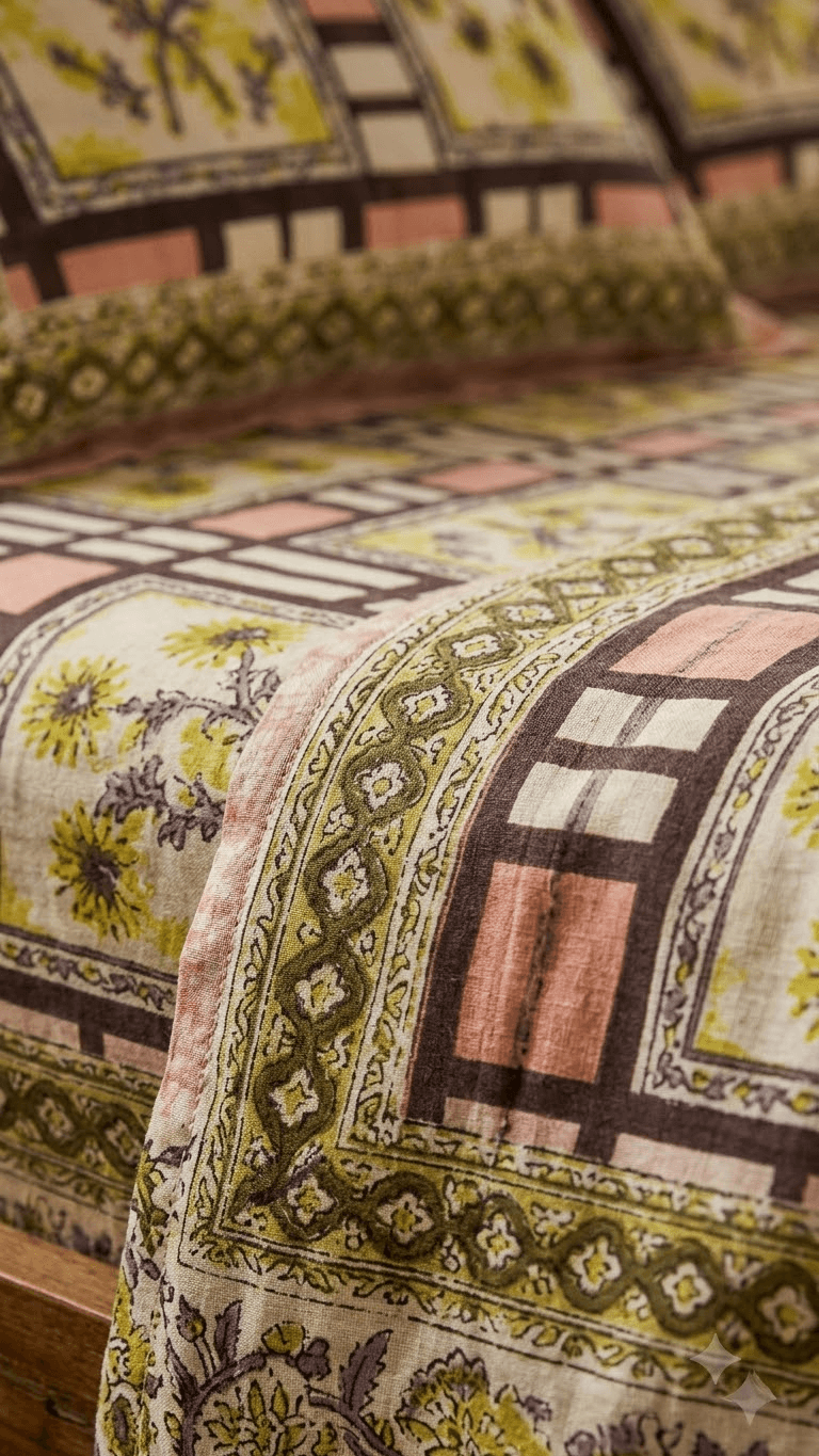 Olive Green and Pink Geometric Check Block-Print Style Cotton Double Bedsheet with Pillow Covers