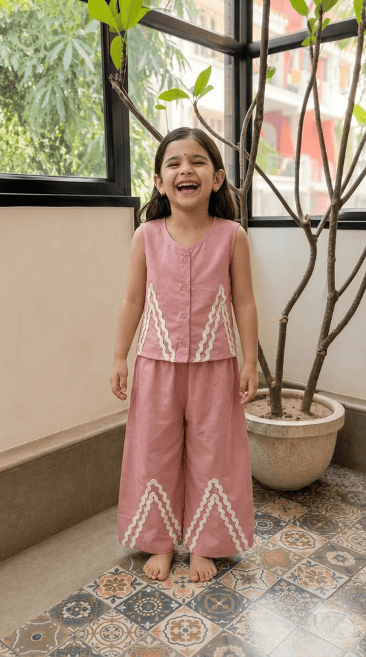 Girls Dusty Rose Pink Cotton Vest Top & Wide-Leg Pants Co-Ord Set with Lace Work