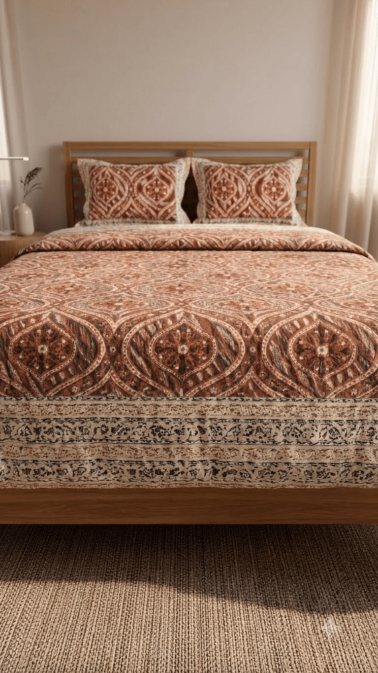 Rust Orange and Terracotta Block-Print Style Cotton Double Bedsheet with Pillow Covers