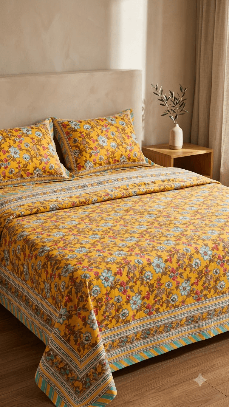 Yellow Floral Block-Print Style Cotton Double Bedsheet with Pillow Covers