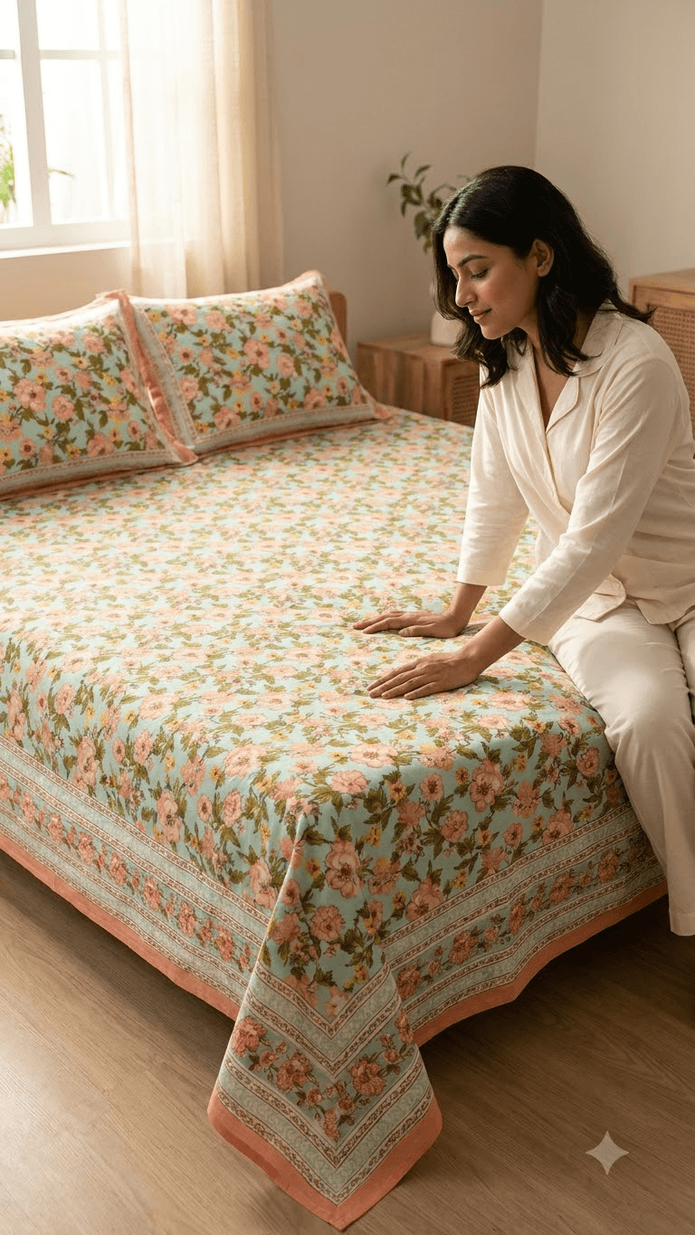 Mint Green and Peach Floral Block-Print Style Cotton Double Bedsheet with Pillow Covers