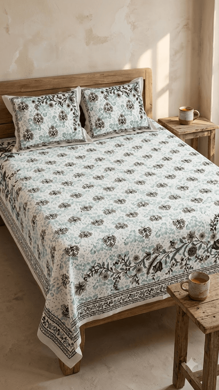 Mint Green and Dark Floral Block-Print Style Cotton Double Bedsheet with Pillow Covers