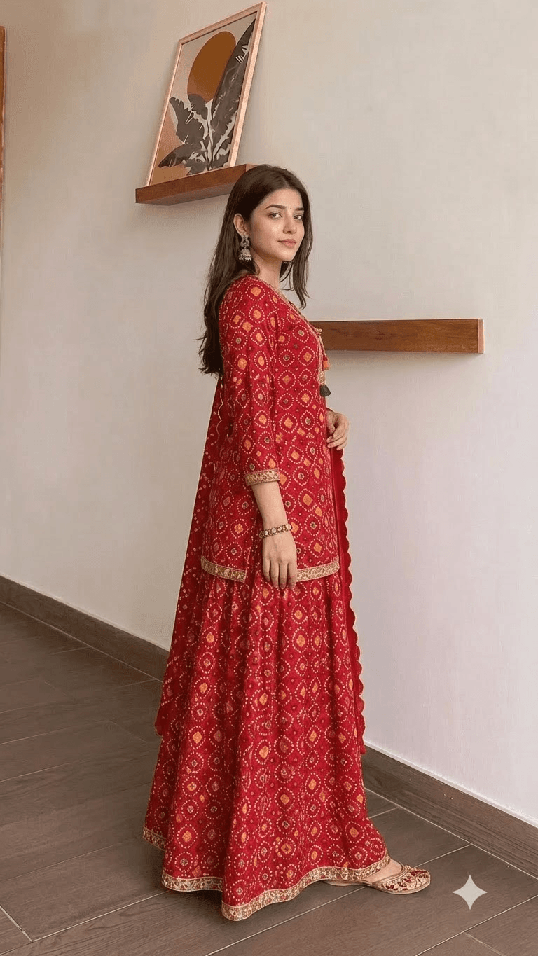 Red Bandhani-Print Cotton Kurta with Sharara and Dupatta Set