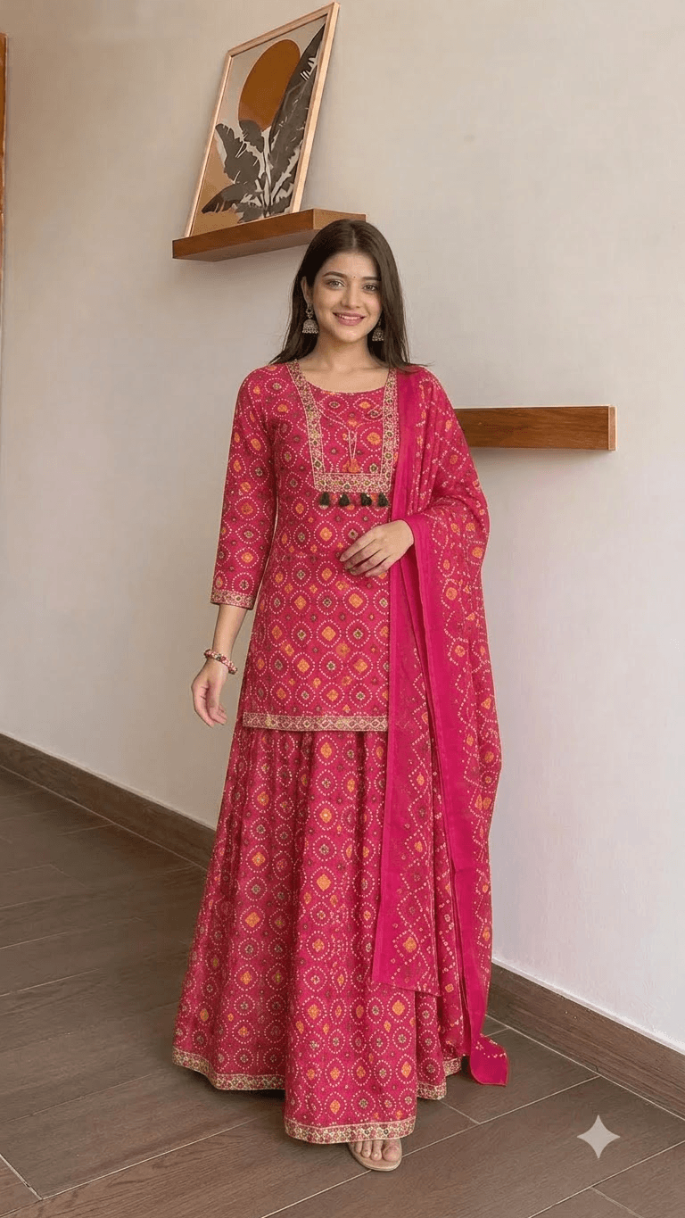 Rani Pink Bandhani-Print Cotton Kurta with Sharara and Dupatta Set