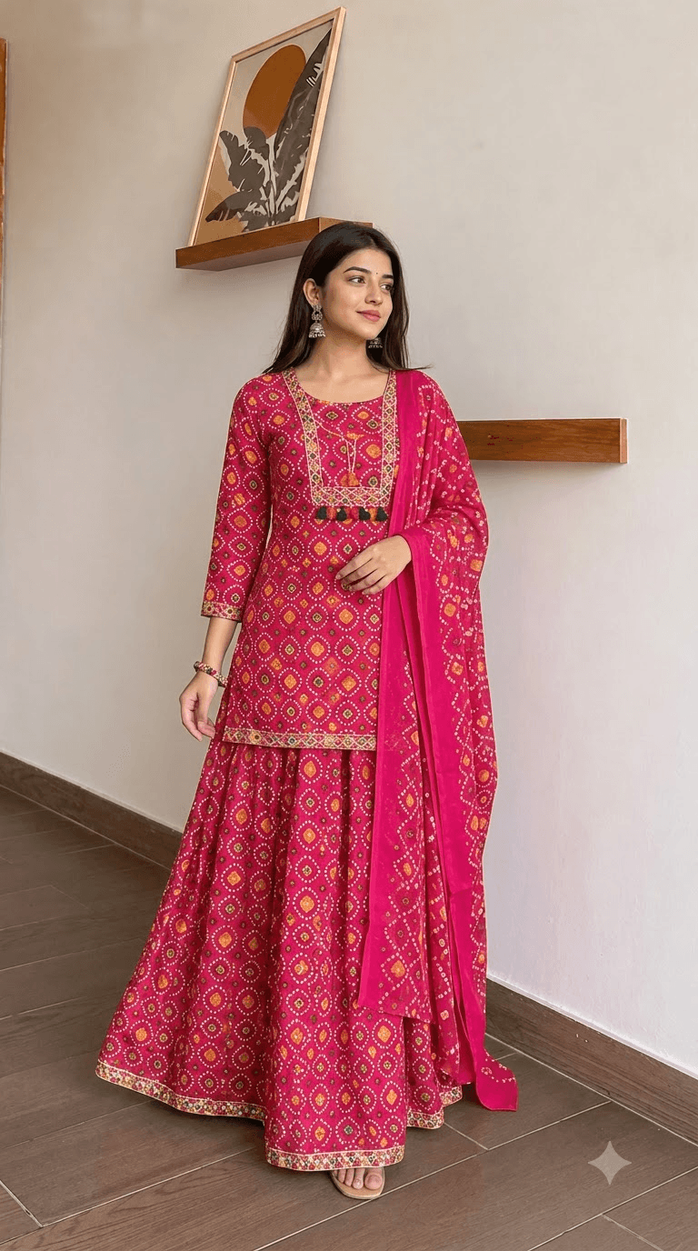 Rani Pink Bandhani-Print Cotton Kurta with Sharara and Dupatta Set