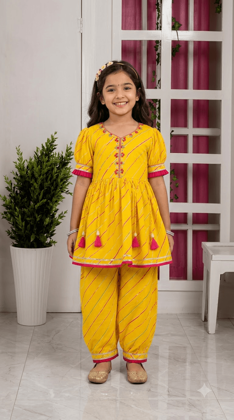 Girls Yellow & Pink Leheriya Printed Cotton Kurta with Dhoti Pant Set