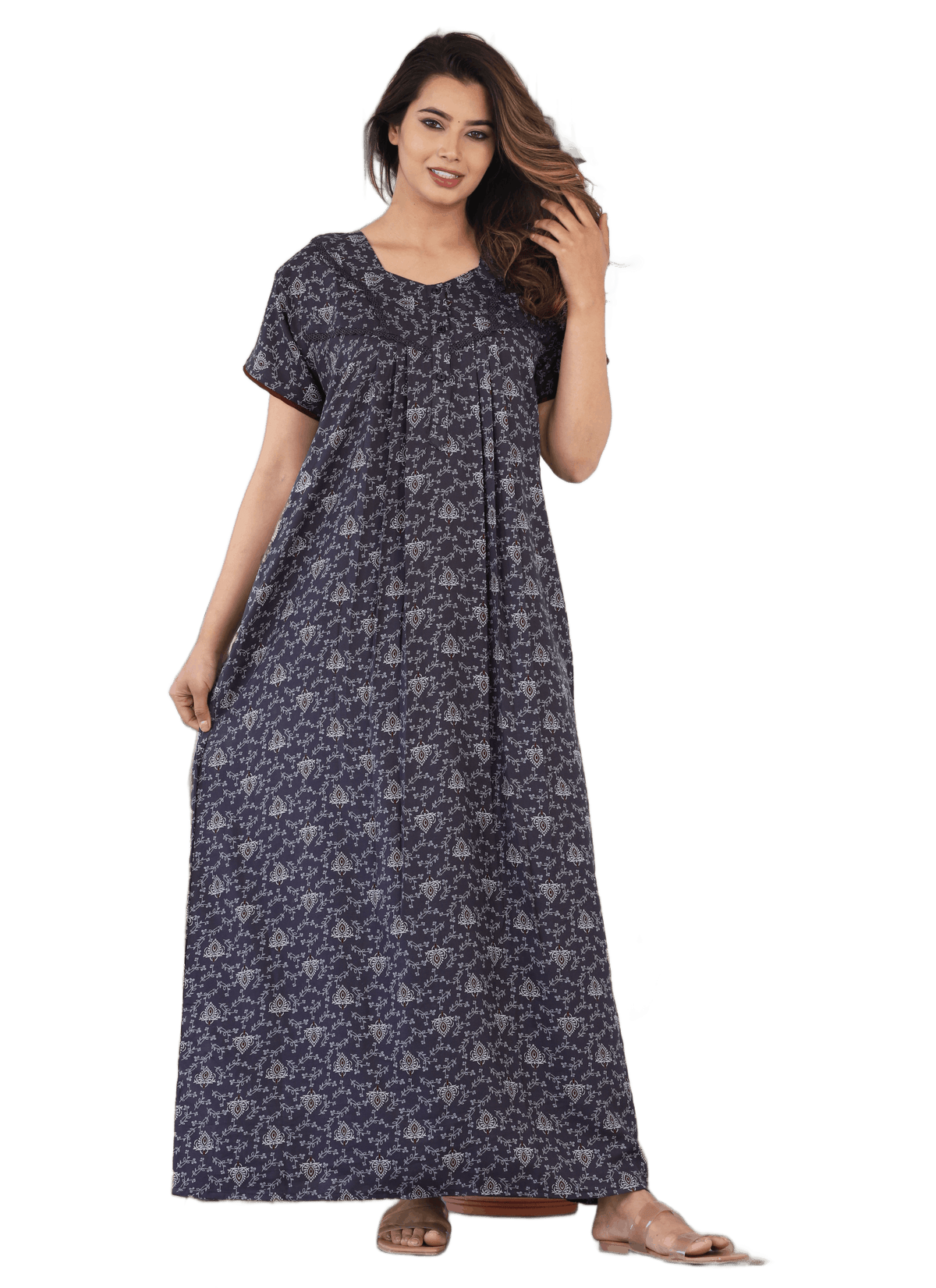 Womens Grey Alpine Fabric Printed Maxi Nighty | Premium Soft Full Length Nightgown with Side Pocket