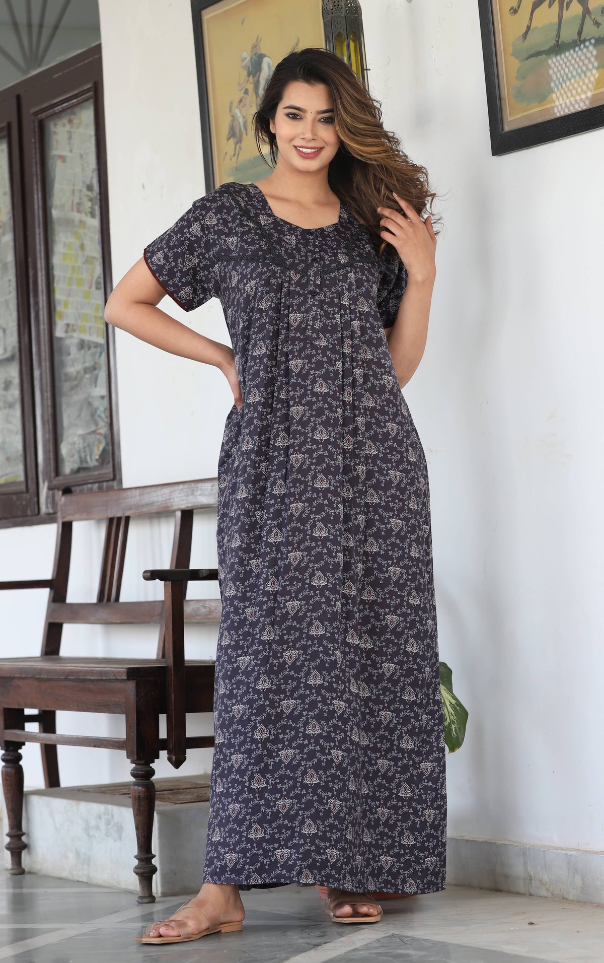 Womens Grey Alpine Fabric Printed Maxi Nighty | Premium Soft Full Length Nightgown with Side Pocket