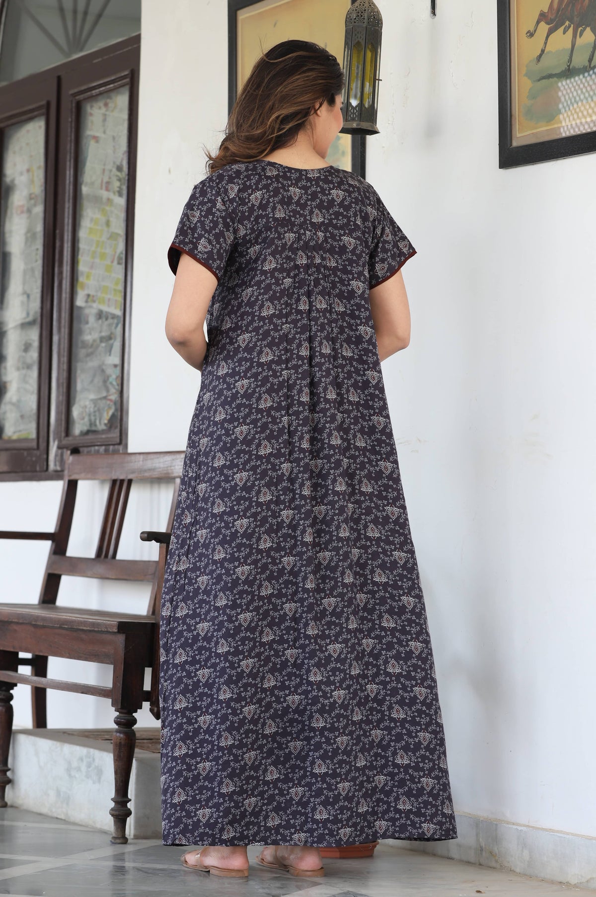 Womens Grey Alpine Fabric Printed Maxi Nighty | Premium Soft Full Length Nightgown with Side Pocket