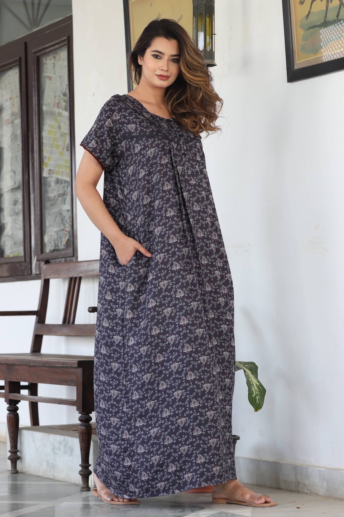 Womens Grey Alpine Fabric Printed Maxi Nighty | Premium Soft Full Length Nightgown with Side Pocket