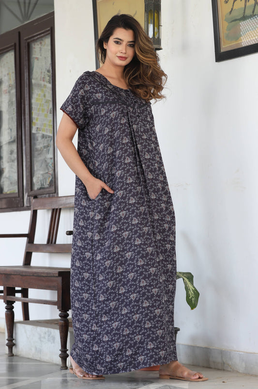 Womens Grey Alpine Fabric Printed Maxi Nighty | Premium Soft Full Length Nightgown with Side Pocket