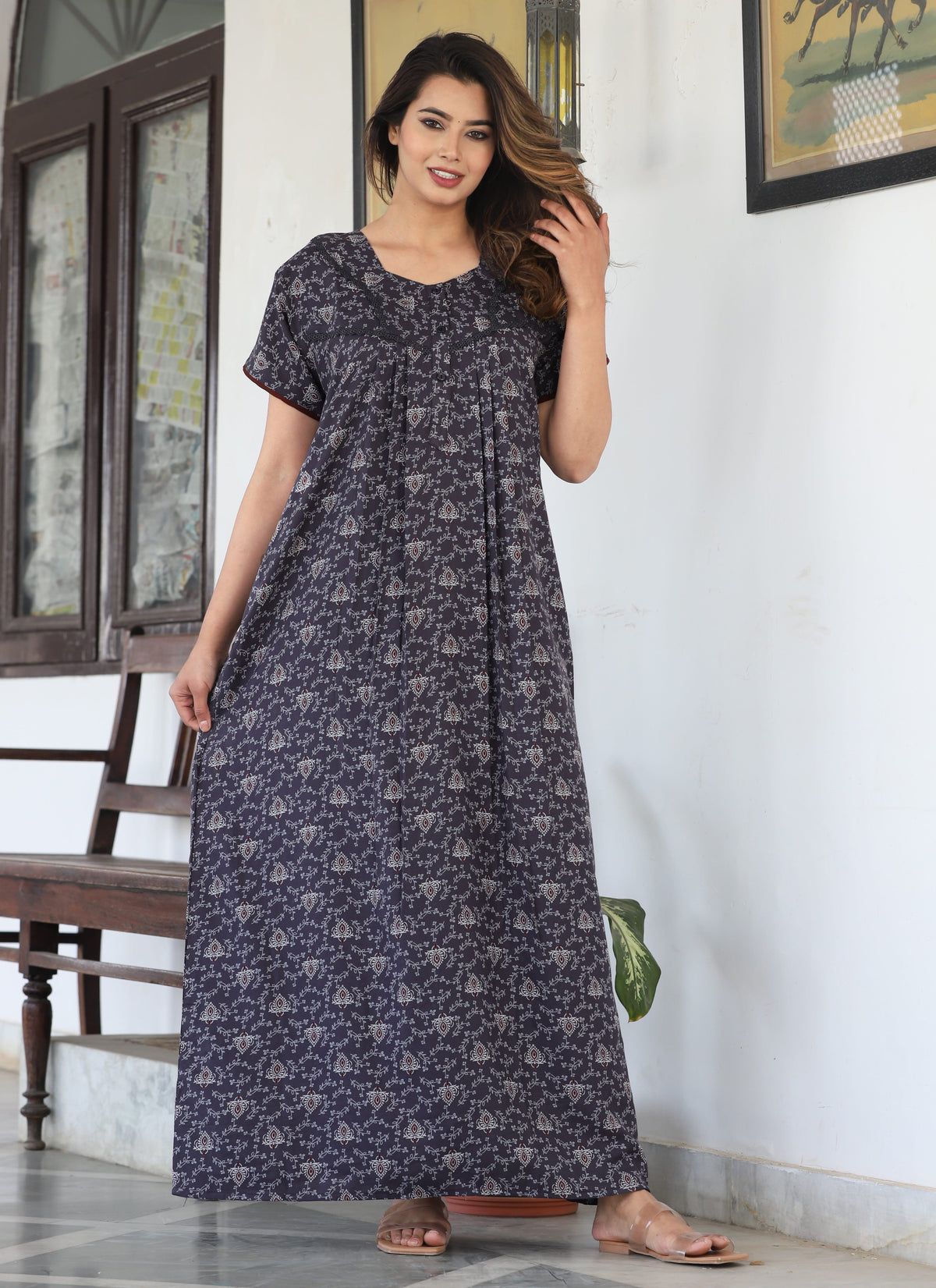 Womens Grey Alpine Fabric Printed Maxi Nighty | Premium Soft Full Length Nightgown with Side Pocket
