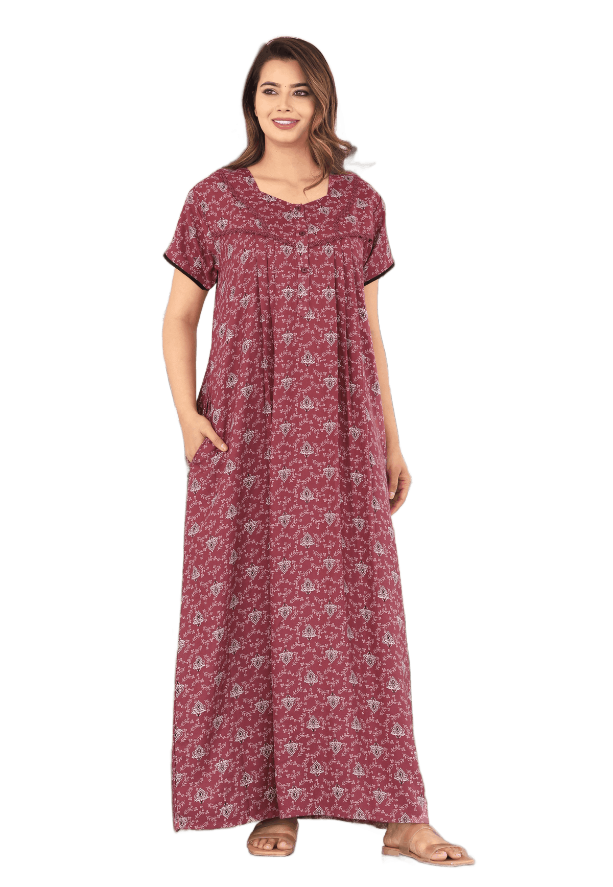 Womens Onion Pink Alpine Fabric Printed Maxi Nighty | Premium Soft Full Length Nightgown with Side Pocket