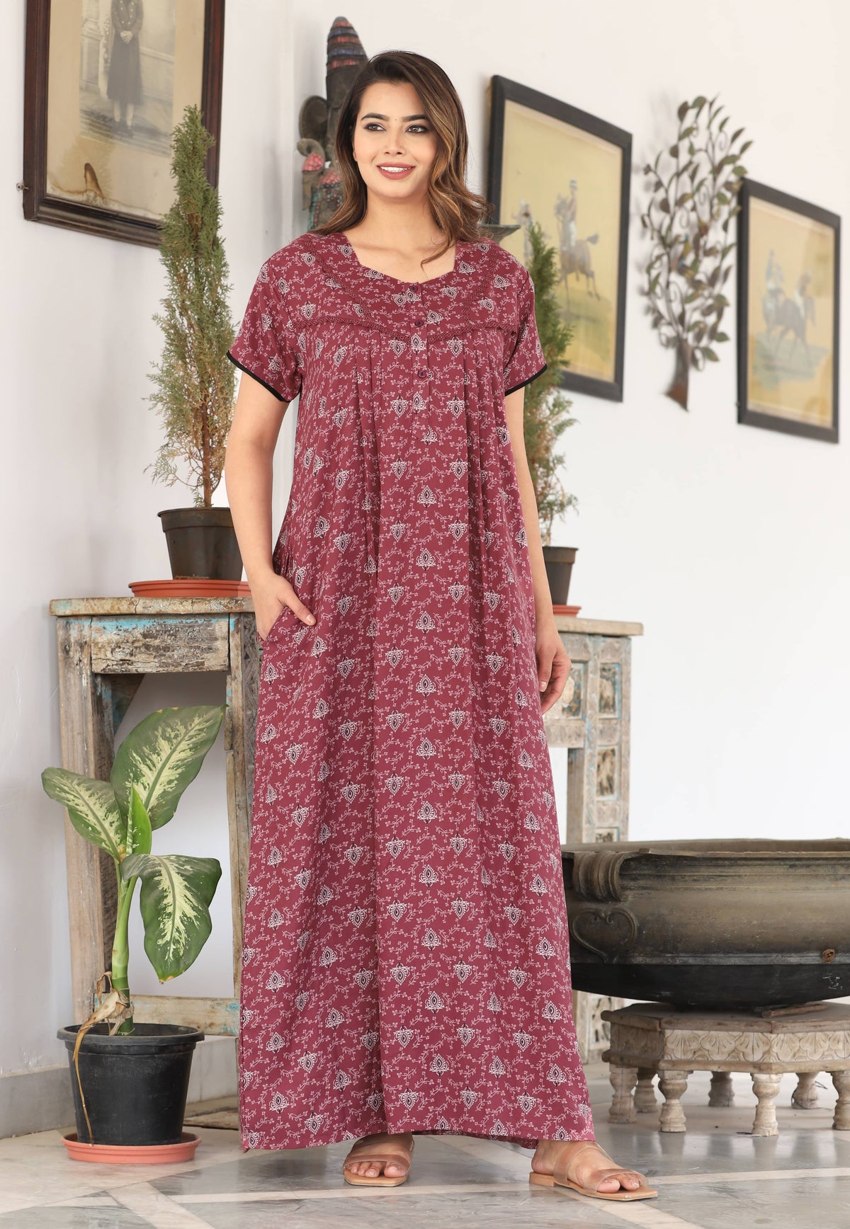 Womens Onion Pink Alpine Fabric Printed Maxi Nighty | Premium Soft Full Length Nightgown with Side Pocket