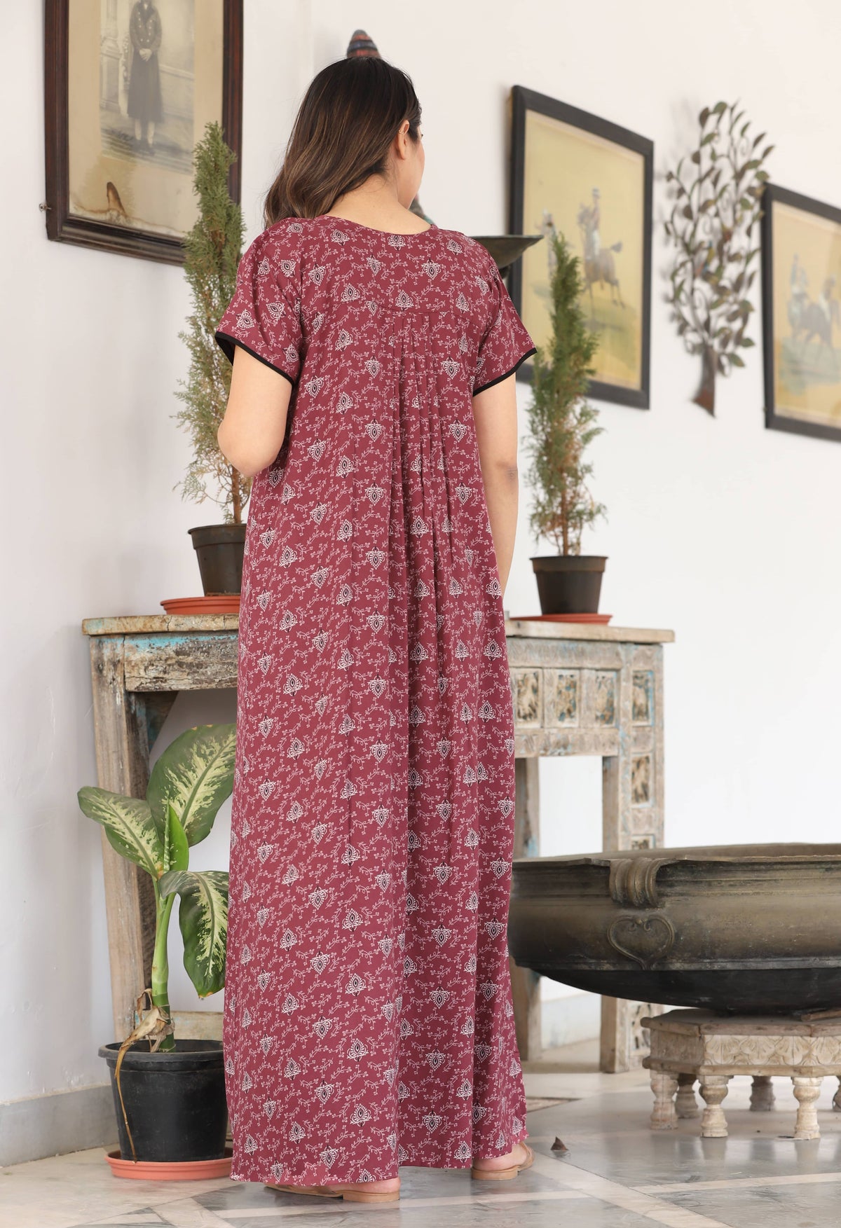 Womens Onion Pink Alpine Fabric Printed Maxi Nighty | Premium Soft Full Length Nightgown with Side Pocket