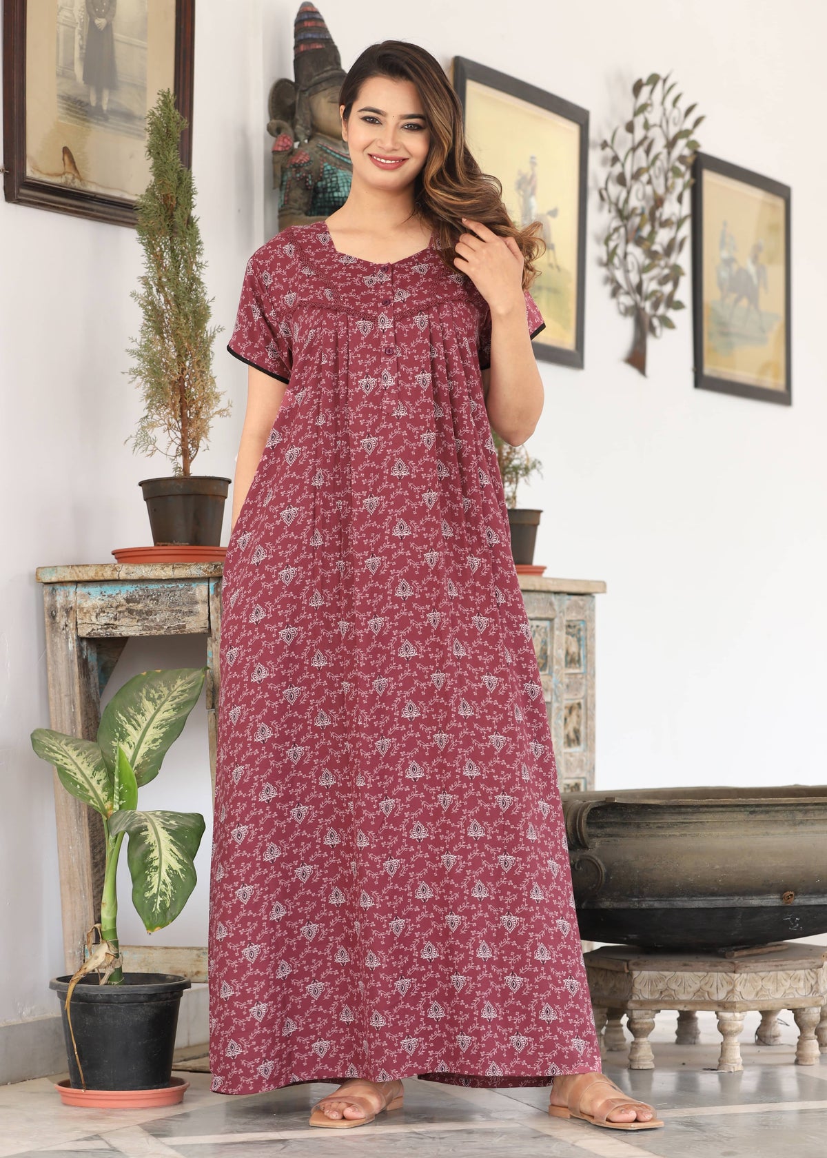 Womens Onion Pink Alpine Fabric Printed Maxi Nighty | Premium Soft Full Length Nightgown with Side Pocket