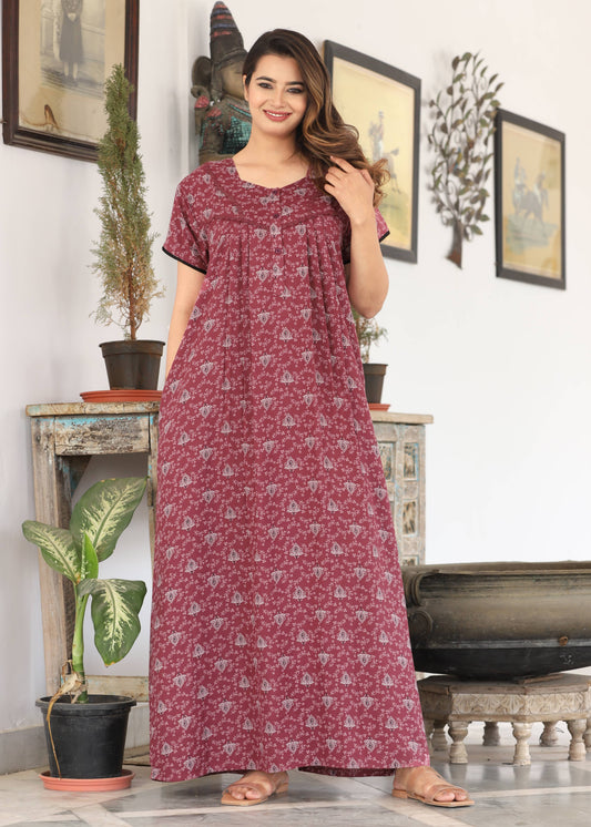 Womens Onion Pink Alpine Fabric Printed Maxi Nighty | Premium Soft Full Length Nightgown with Side Pocket