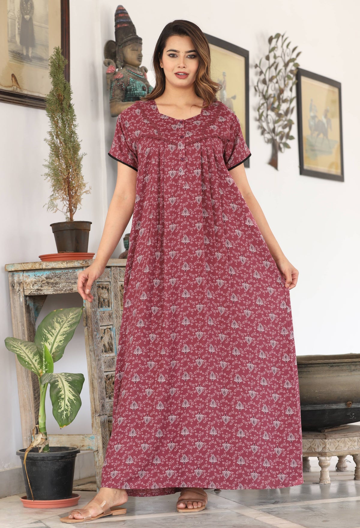 Womens Onion Pink Alpine Fabric Printed Maxi Nighty | Premium Soft Full Length Nightgown with Side Pocket