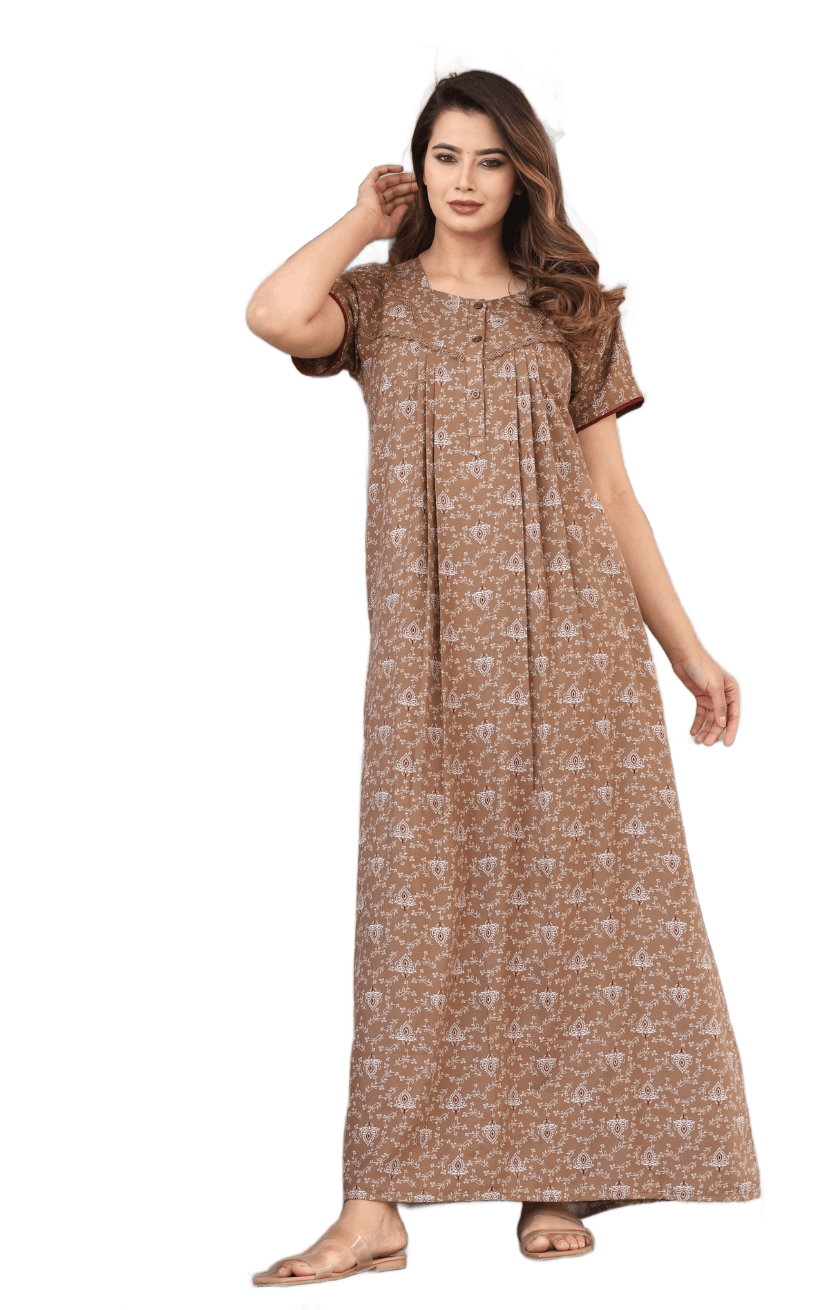 Womens Sand Beige Alpine Fabric Printed Maxi Nighty | Premium Soft Full Length Nightgown with Side Pocket