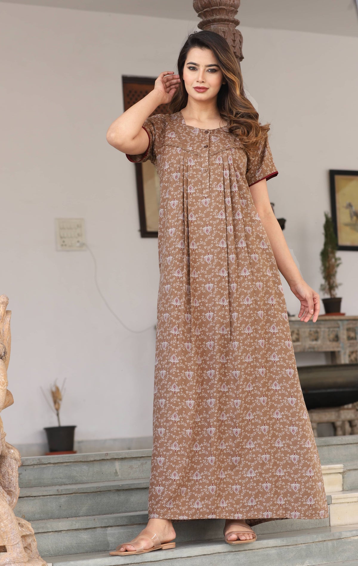 Womens Sand Beige Alpine Fabric Printed Maxi Nighty | Premium Soft Full Length Nightgown with Side Pocket