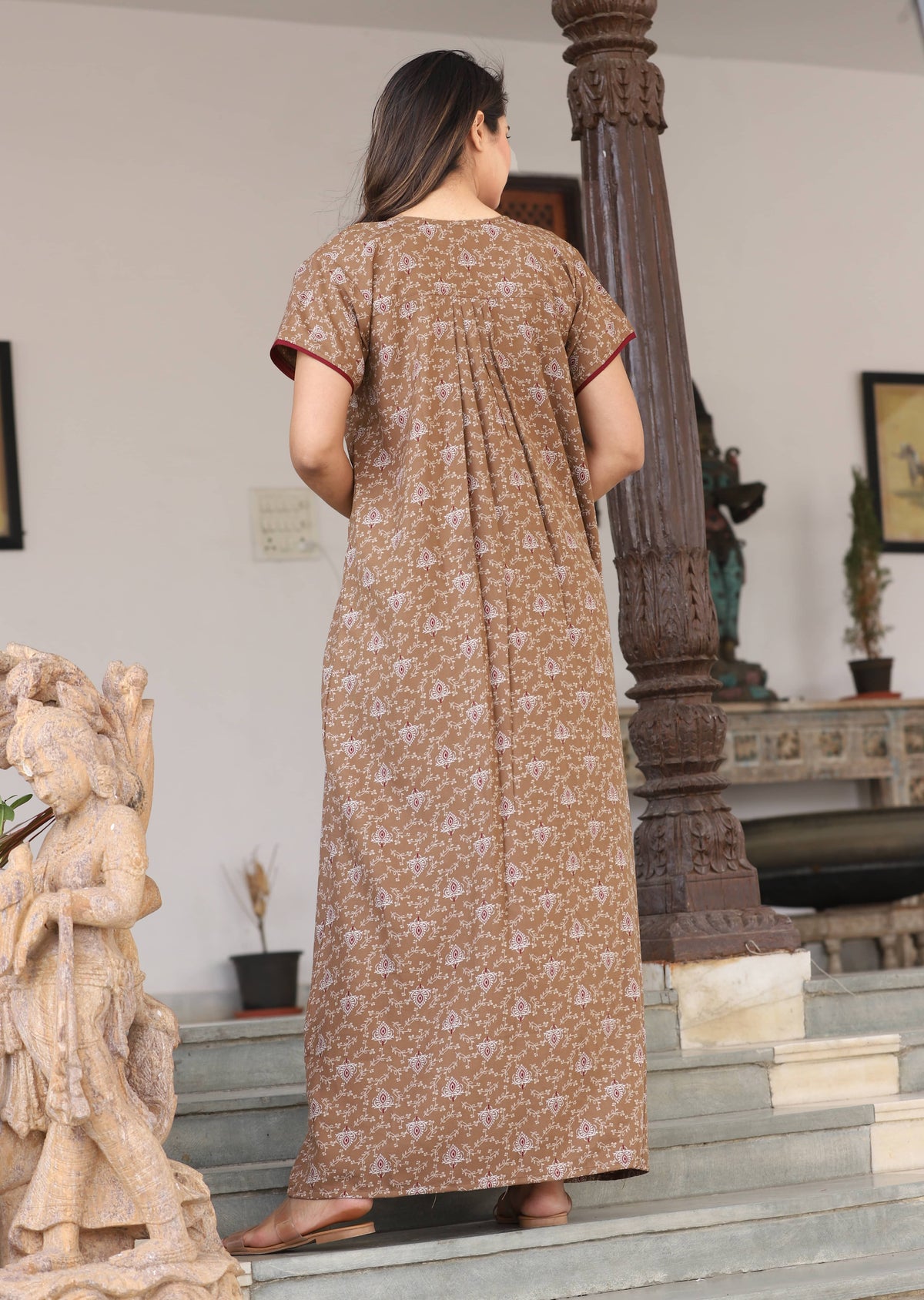 Womens Sand Beige Alpine Fabric Printed Maxi Nighty | Premium Soft Full Length Nightgown with Side Pocket