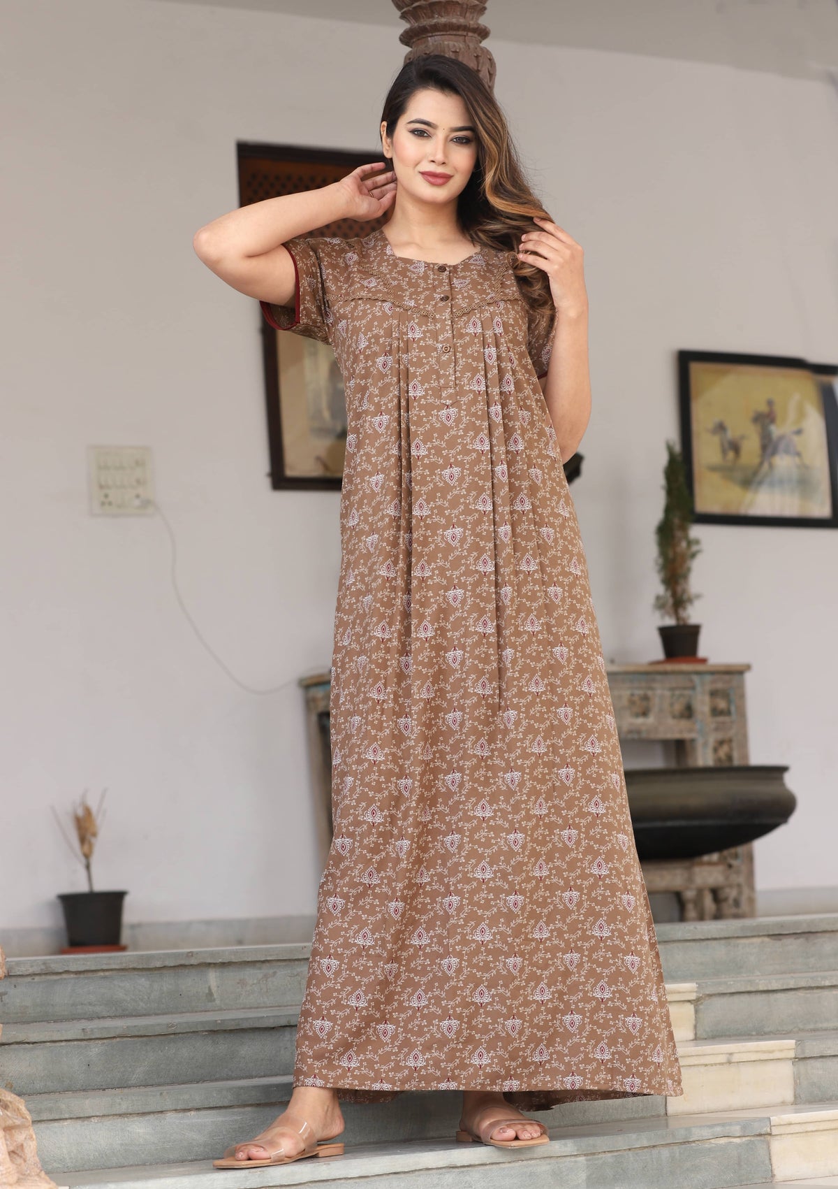 Womens Sand Beige Alpine Fabric Printed Maxi Nighty | Premium Soft Full Length Nightgown with Side Pocket