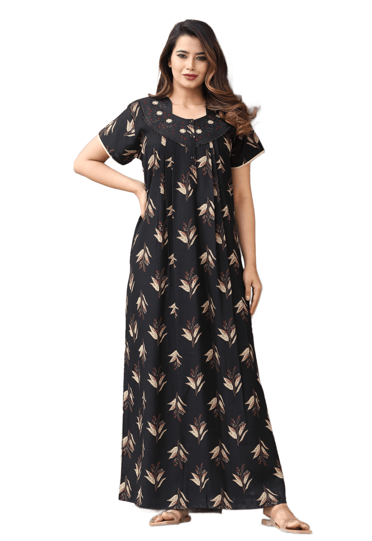Womens Jet Black Alpine Fabric Printed Maxi Nighty | Premium Soft Full Length Nightgown with Side Pocket