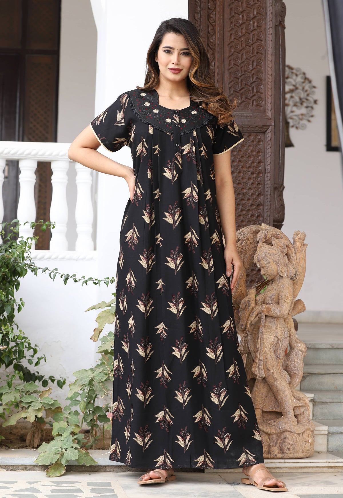 Womens Jet Black Alpine Fabric Printed Maxi Nighty | Premium Soft Full Length Nightgown with Side Pocket